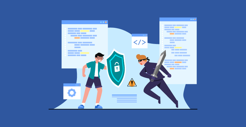 Two people, one holding a shield that represents cybersecurity, while the other attacks with a sword, representing cyberattacks.